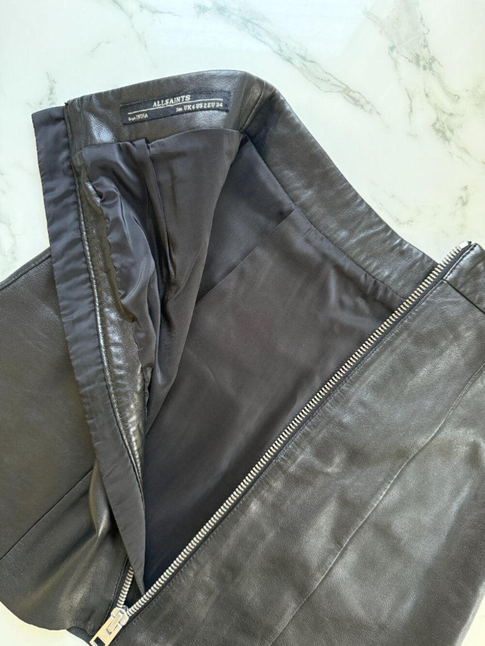 ALL SAINTS 100% Leather Sens Mini Skirt A Line Zip Up Moto Rocker Glam US 2 - Picture 6 of 9